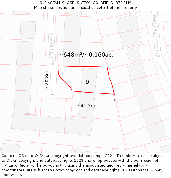 9, FINSTALL CLOSE, SUTTON COLDFIELD, B72 1HA: Plot and title map