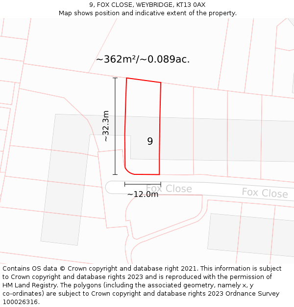 9, FOX CLOSE, WEYBRIDGE, KT13 0AX: Plot and title map