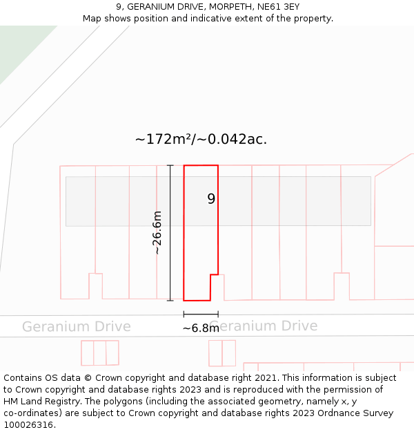 9, GERANIUM DRIVE, MORPETH, NE61 3EY: Plot and title map