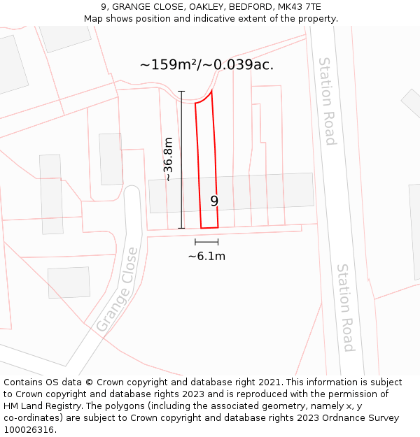 9, GRANGE CLOSE, OAKLEY, BEDFORD, MK43 7TE: Plot and title map