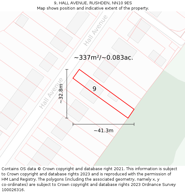 9, HALL AVENUE, RUSHDEN, NN10 9ES: Plot and title map