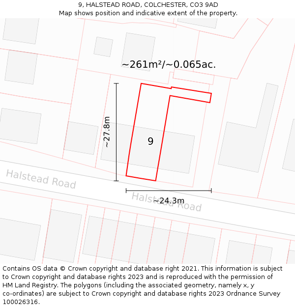 9, HALSTEAD ROAD, COLCHESTER, CO3 9AD: Plot and title map