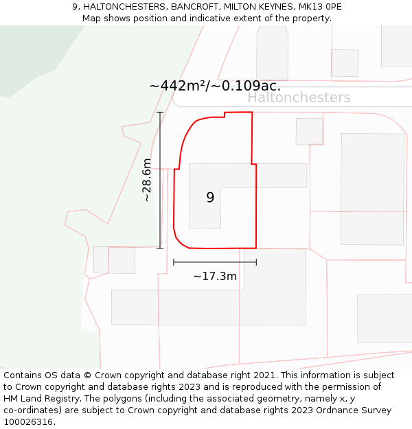 9, HALTONCHESTERS, BANCROFT, MILTON KEYNES, MK13 0PE: Plot and title map