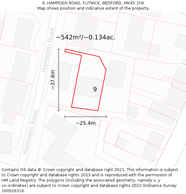 9, HAMPDEN ROAD, FLITWICK, BEDFORD, MK45 1HX: Plot and title map