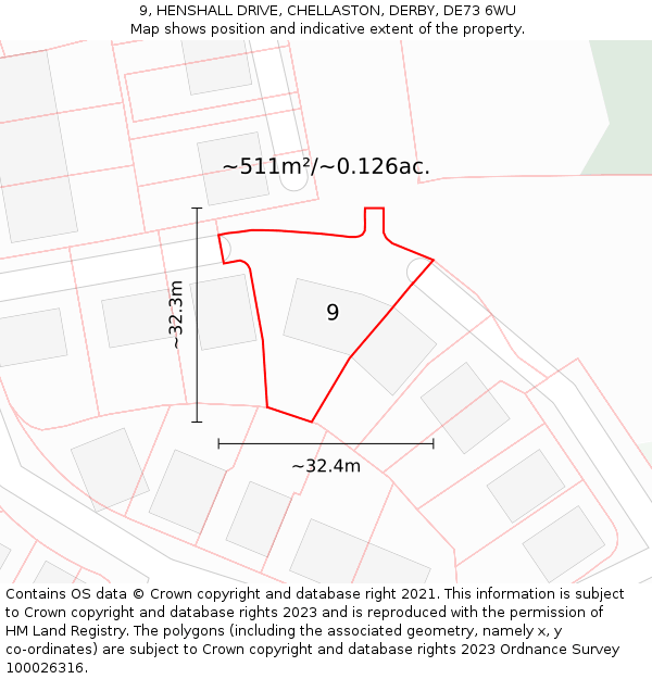 9, HENSHALL DRIVE, CHELLASTON, DERBY, DE73 6WU: Plot and title map