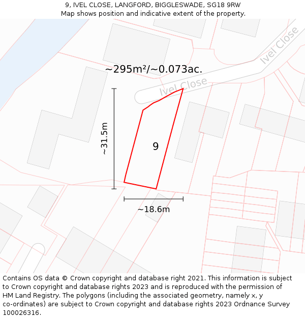9, IVEL CLOSE, LANGFORD, BIGGLESWADE, SG18 9RW: Plot and title map