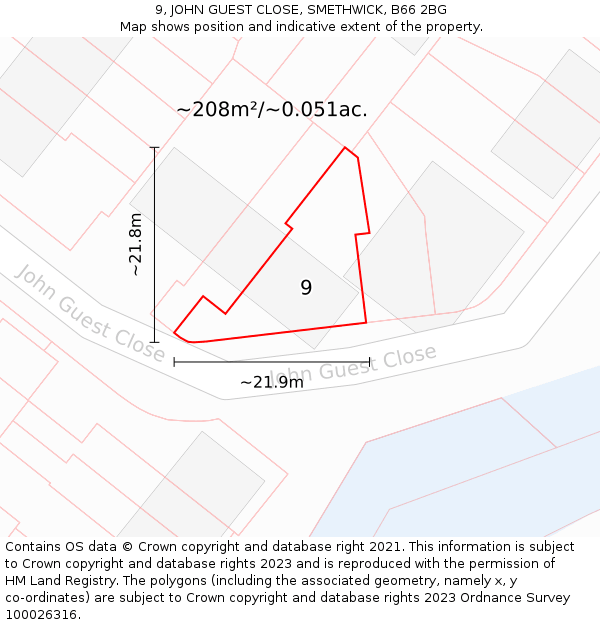 9, JOHN GUEST CLOSE, SMETHWICK, B66 2BG: Plot and title map