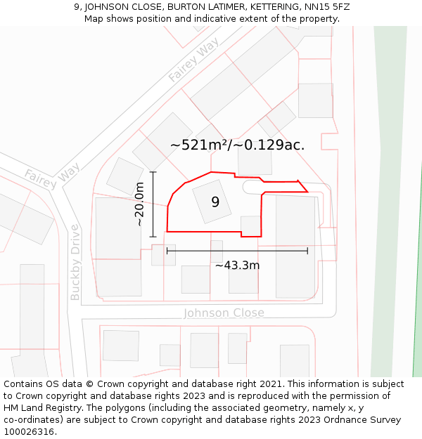 9, JOHNSON CLOSE, BURTON LATIMER, KETTERING, NN15 5FZ: Plot and title map