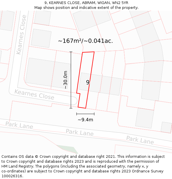 9, KEARNES CLOSE, ABRAM, WIGAN, WN2 5YR: Plot and title map