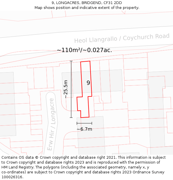 9, LONGACRES, BRIDGEND, CF31 2DD: Plot and title map