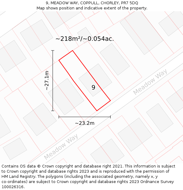 9, MEADOW WAY, COPPULL, CHORLEY, PR7 5DQ: Plot and title map