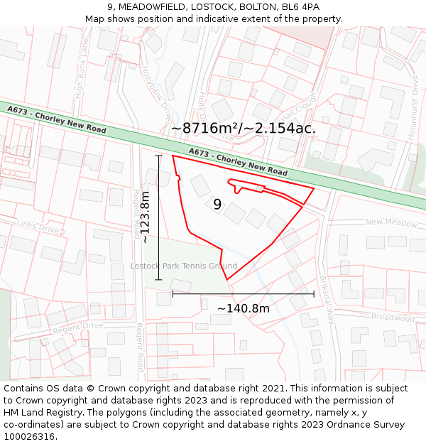 9, MEADOWFIELD, LOSTOCK, BOLTON, BL6 4PA: Plot and title map