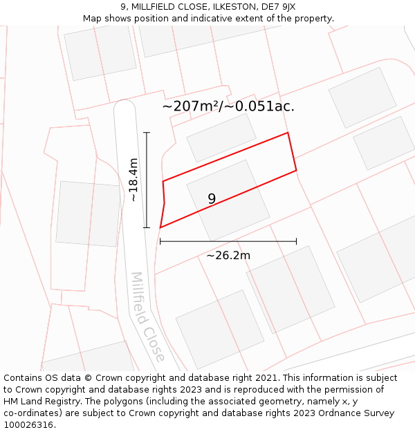 9, MILLFIELD CLOSE, ILKESTON, DE7 9JX: Plot and title map
