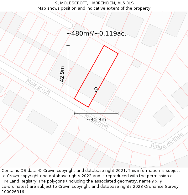 9, MOLESCROFT, HARPENDEN, AL5 3LS: Plot and title map