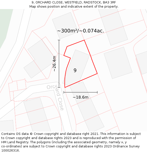 9, ORCHARD CLOSE, WESTFIELD, RADSTOCK, BA3 3RF: Plot and title map