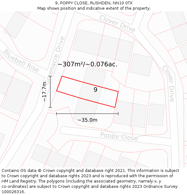 9, POPPY CLOSE, RUSHDEN, NN10 0TX: Plot and title map