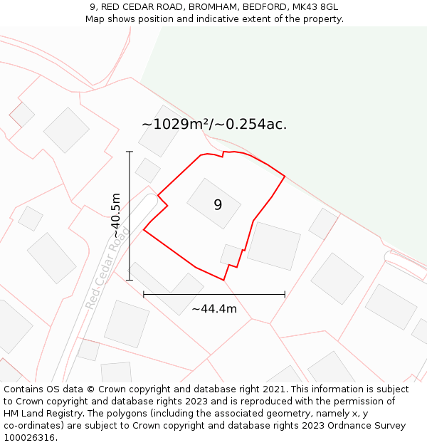 9, RED CEDAR ROAD, BROMHAM, BEDFORD, MK43 8GL: Plot and title map