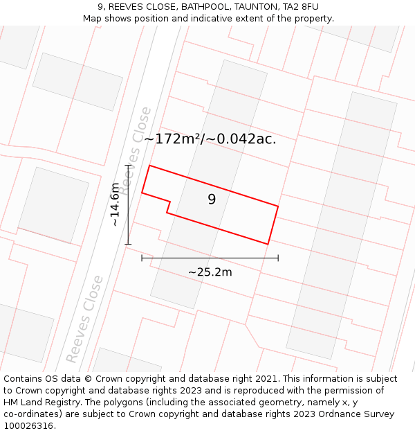 9, REEVES CLOSE, BATHPOOL, TAUNTON, TA2 8FU: Plot and title map