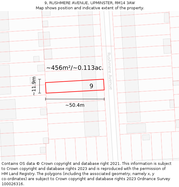 9, RUSHMERE AVENUE, UPMINSTER, RM14 3AW: Plot and title map