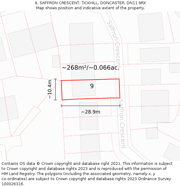 9, SAFFRON CRESCENT, TICKHILL, DONCASTER, DN11 9RX: Plot and title map