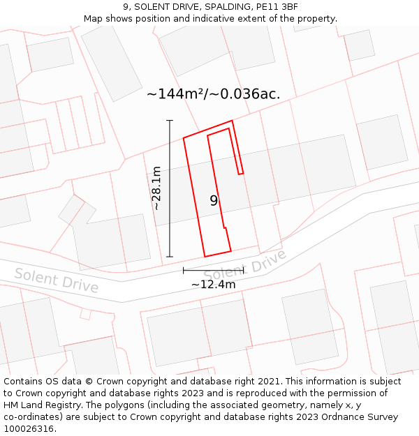 9, SOLENT DRIVE, SPALDING, PE11 3BF: Plot and title map