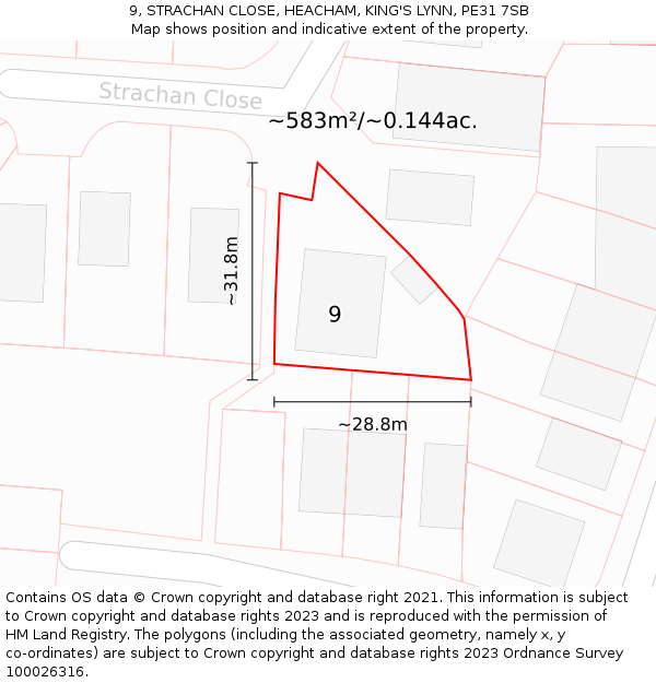 9, STRACHAN CLOSE, HEACHAM, KING'S LYNN, PE31 7SB: Plot and title map
