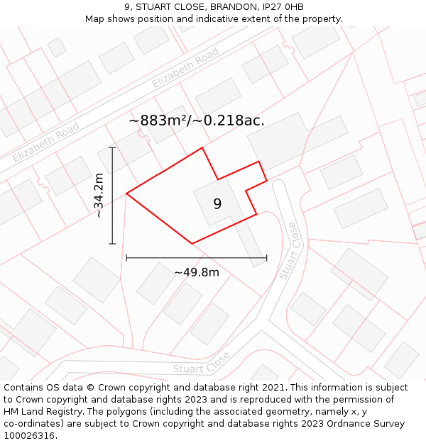 9, STUART CLOSE, BRANDON, IP27 0HB: Plot and title map