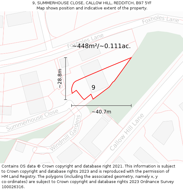9, SUMMERHOUSE CLOSE, CALLOW HILL, REDDITCH, B97 5YF: Plot and title map