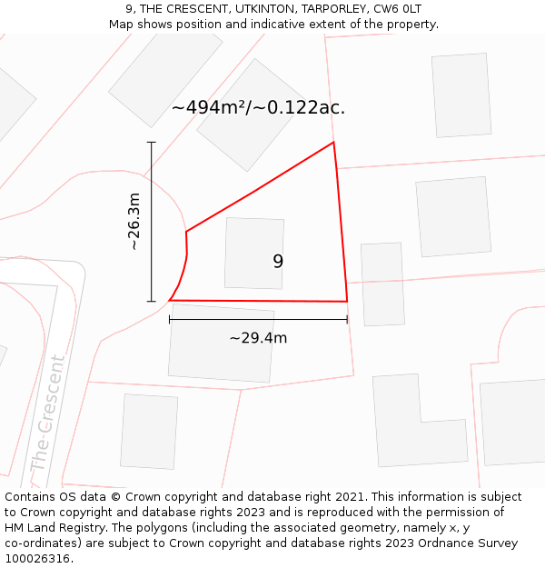 9, THE CRESCENT, UTKINTON, TARPORLEY, CW6 0LT: Plot and title map