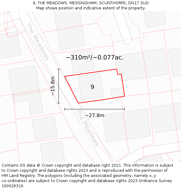 9, THE MEADOWS, MESSINGHAM, SCUNTHORPE, DN17 3UD: Plot and title map