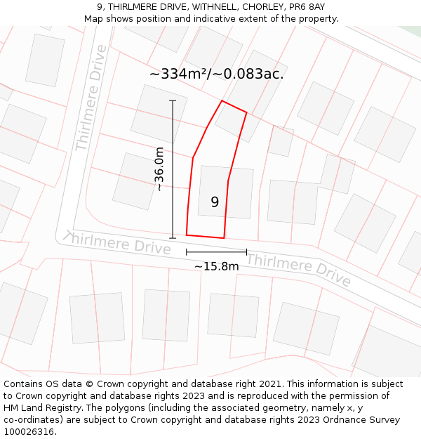 9, THIRLMERE DRIVE, WITHNELL, CHORLEY, PR6 8AY: Plot and title map