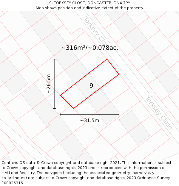 9, TORKSEY CLOSE, DONCASTER, DN4 7PY: Plot and title map