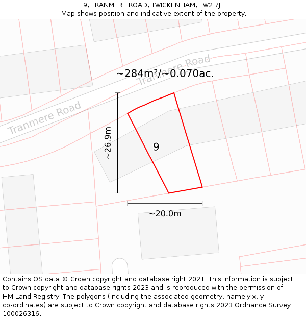 9, TRANMERE ROAD, TWICKENHAM, TW2 7JF: Plot and title map