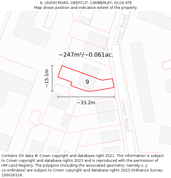 9, UNION ROAD, DEEPCUT, CAMBERLEY, GU16 6TE: Plot and title map