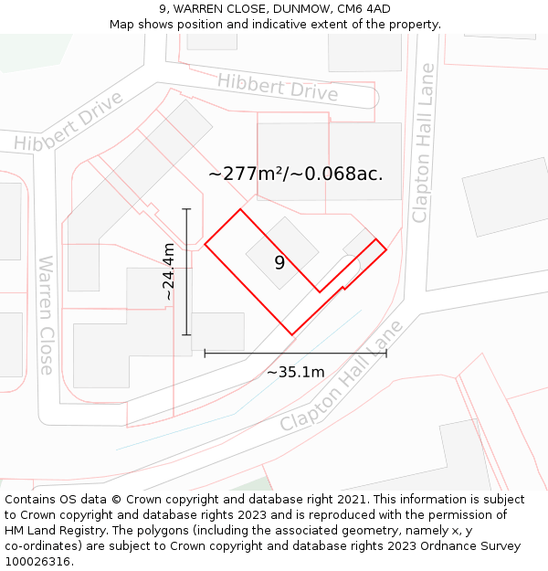 9, WARREN CLOSE, DUNMOW, CM6 4AD: Plot and title map