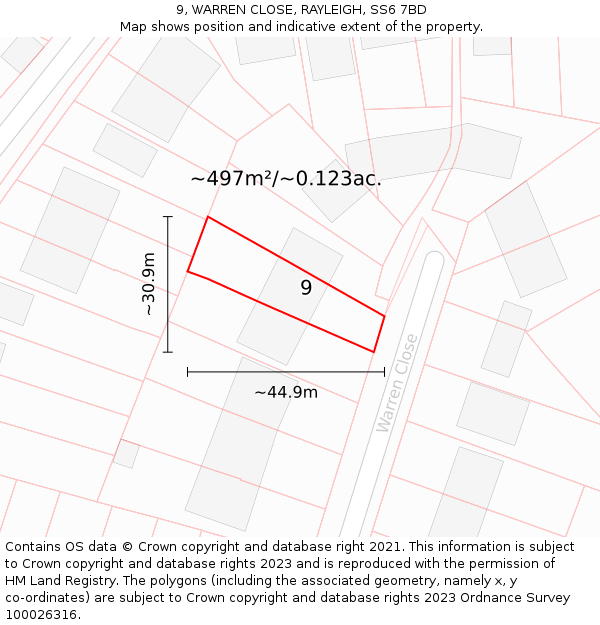 9, WARREN CLOSE, RAYLEIGH, SS6 7BD: Plot and title map