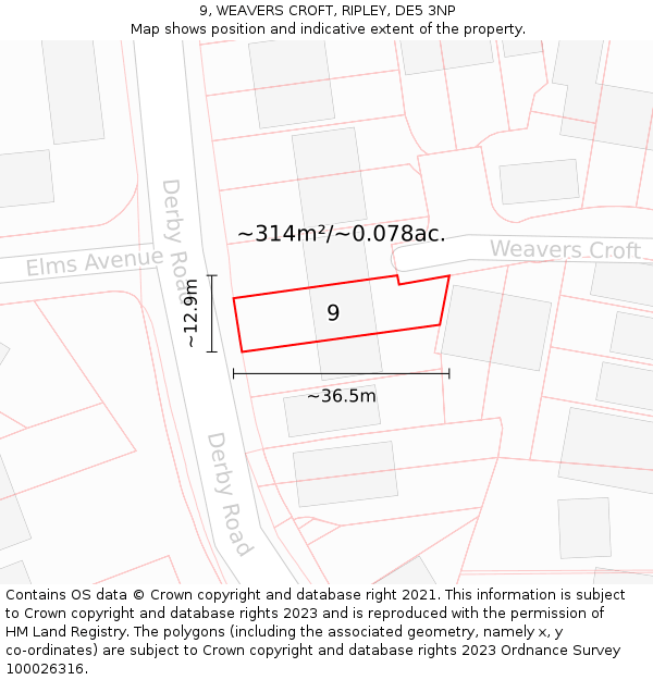 9, WEAVERS CROFT, RIPLEY, DE5 3NP: Plot and title map