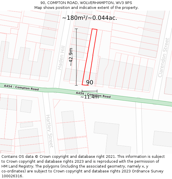 90, COMPTON ROAD, WOLVERHAMPTON, WV3 9PS: Plot and title map