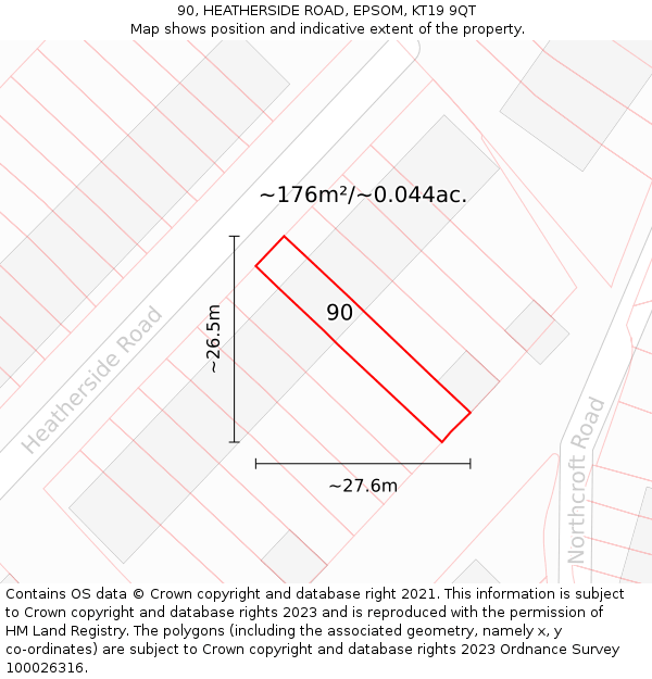 90, HEATHERSIDE ROAD, EPSOM, KT19 9QT: Plot and title map