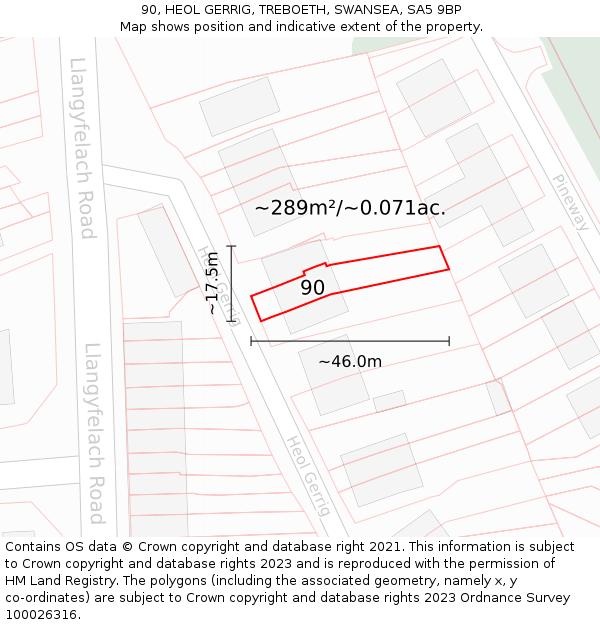 90, HEOL GERRIG, TREBOETH, SWANSEA, SA5 9BP: Plot and title map