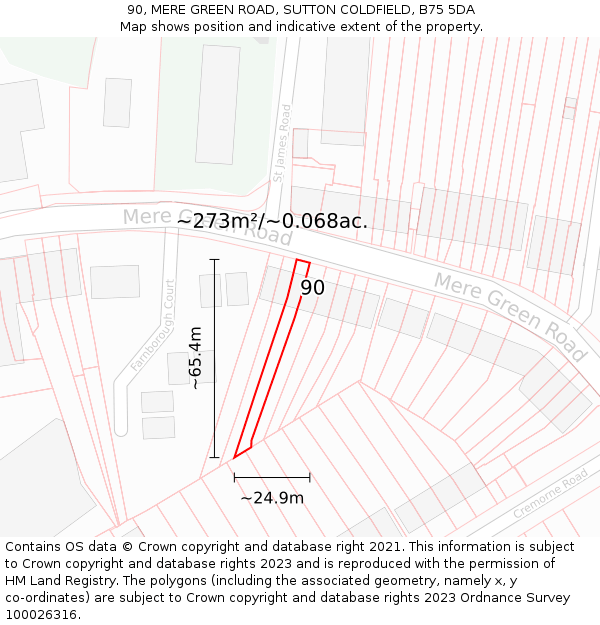 90, MERE GREEN ROAD, SUTTON COLDFIELD, B75 5DA: Plot and title map