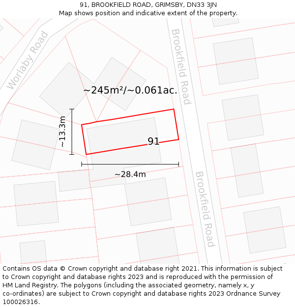 91, BROOKFIELD ROAD, GRIMSBY, DN33 3JN: Plot and title map