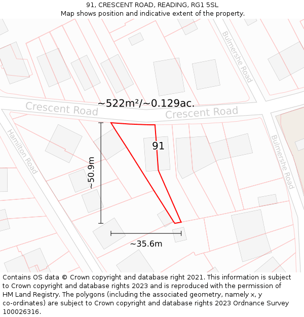 91, CRESCENT ROAD, READING, RG1 5SL: Plot and title map
