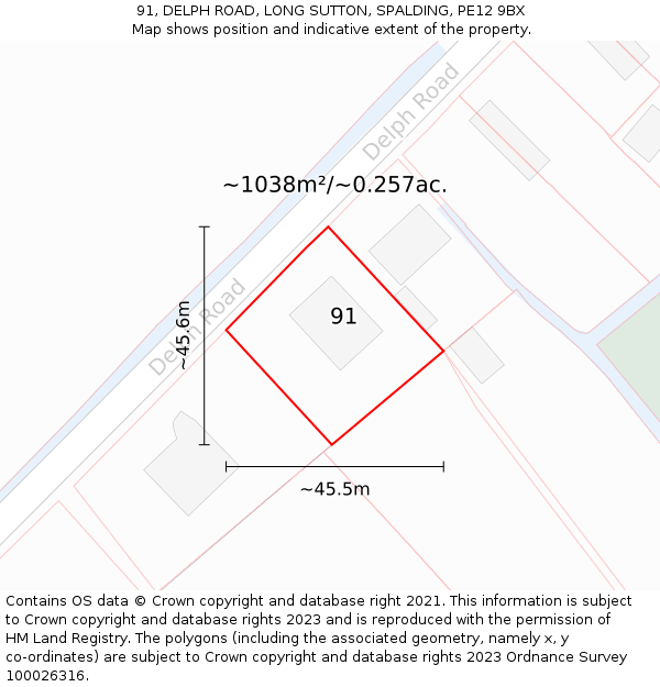 91, DELPH ROAD, LONG SUTTON, SPALDING, PE12 9BX: Plot and title map