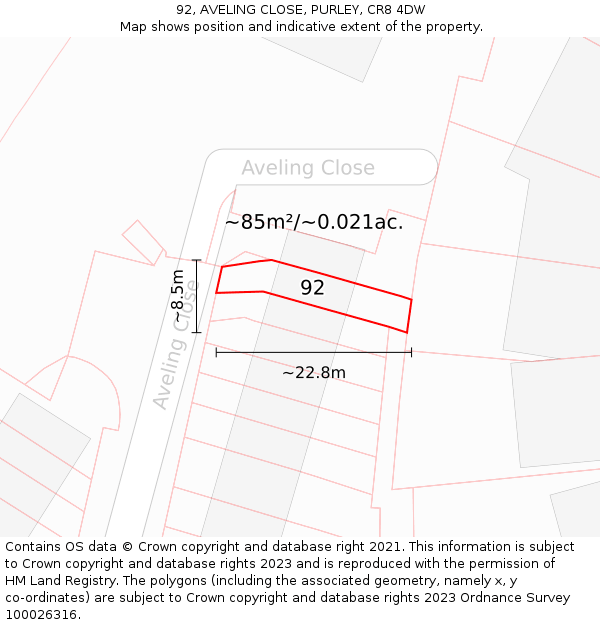 92, AVELING CLOSE, PURLEY, CR8 4DW: Plot and title map