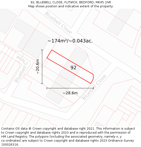 92, BLUEBELL CLOSE, FLITWICK, BEDFORD, MK45 1NR: Plot and title map