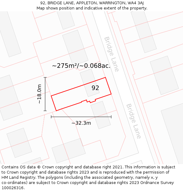 92, BRIDGE LANE, APPLETON, WARRINGTON, WA4 3AJ: Plot and title map