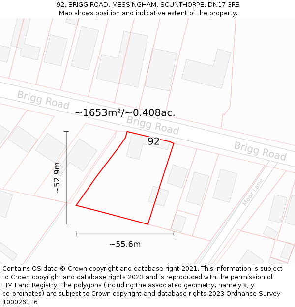 92, BRIGG ROAD, MESSINGHAM, SCUNTHORPE, DN17 3RB: Plot and title map