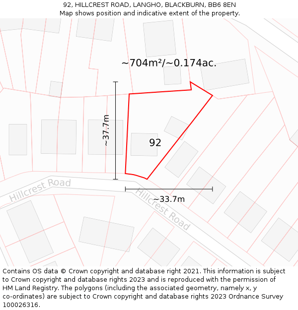 92, HILLCREST ROAD, LANGHO, BLACKBURN, BB6 8EN: Plot and title map