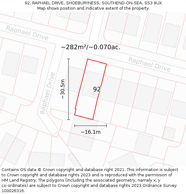 92, RAPHAEL DRIVE, SHOEBURYNESS, SOUTHEND-ON-SEA, SS3 9UX: Plot and title map